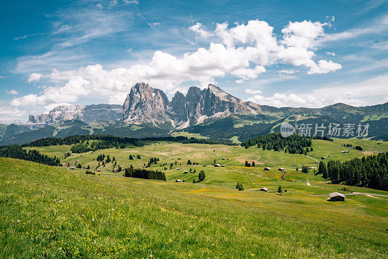 Alpe di Siusi与Sassolungo, Langkofel山脉群在Dolomites，意大利